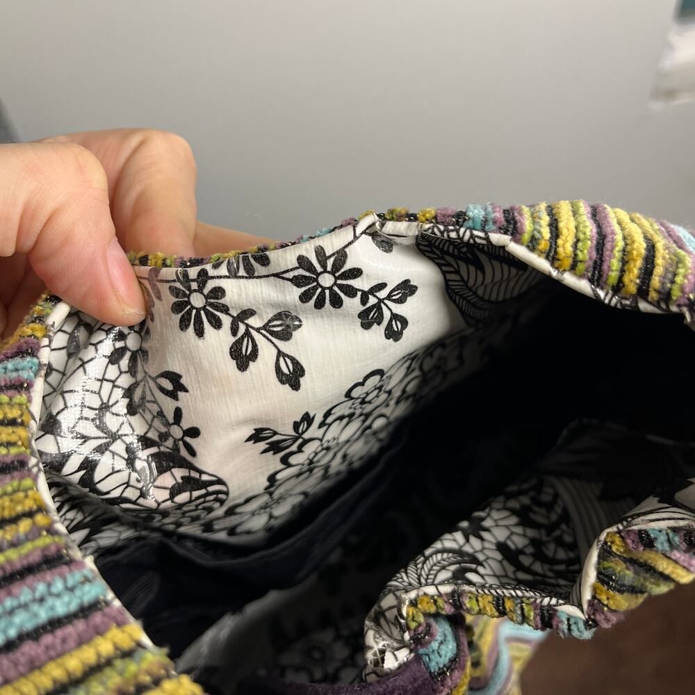 Offhand Designs Crescent Shoulder Knitting Bag Green Stripe Textured Woven - Picture 10 of 11